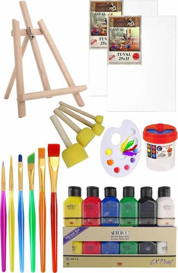 Mini Şövale 25x35 2 li Tuval Artdeco 6 Renk Akrilik Boya Başlangıç Seti Fırça Palet Ponpon Su Kabı Masaüstü Sanatsal - Image 1