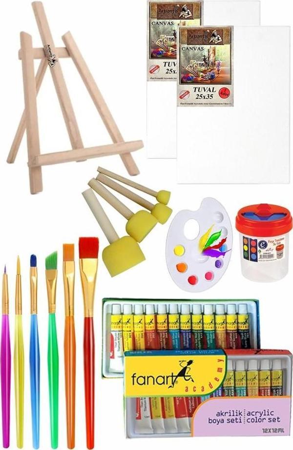 Mini Şövale 25x35 2 li Tuval Fanart 12 Renk Akrilik Boya Başlangıç Seti Fırça Palet Ponpon Su Kabı Masaüstü Sanatsal - Image 1