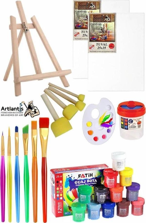 Mini Şövale 25x35 2 li Tuval Fatih 12 Renk Guaj Boya Başlangıç Seti Fırça Palet Ponpon Temizleme Kabı Masaüstü Sanatsal - Image 1