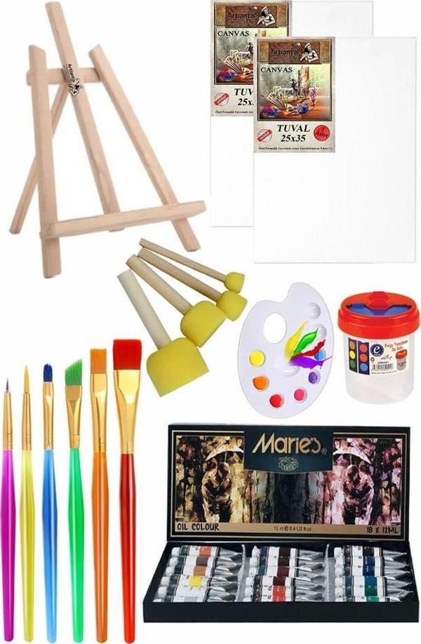 Mini Şövale 25x35 2 li Tuval Maries 12 Renk Yağlı Boya Başlangıç Seti Fırça Palet Ponpon Su Kabı Masaüstü Sanatsal - Image 1