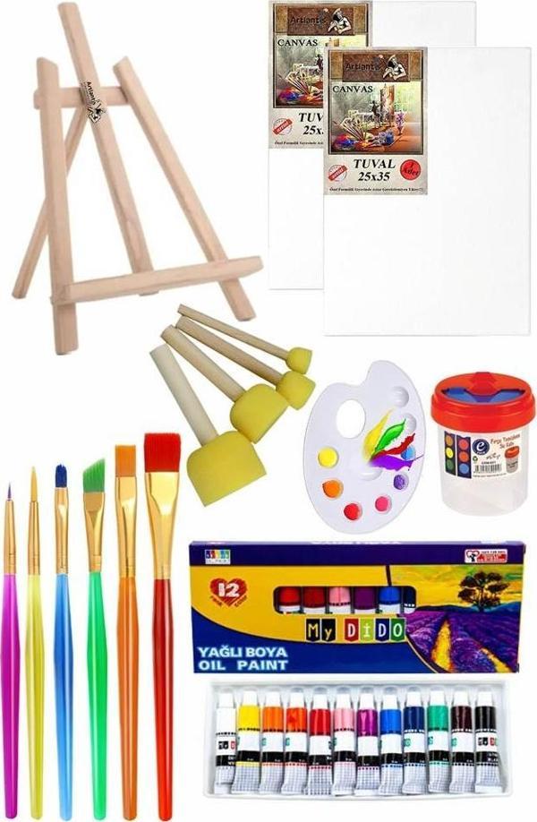 Mini Şövale 25x35 2 li Tuval Mydido 12 Renk Yağlı Boya Başlangıç Seti Fırça Palet Ponpon Su Kabı Masaüstü Sanatsal - Image 1