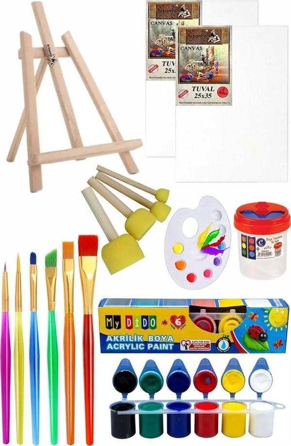 Mini Şövale 25x35 2 li Tuval Mydido 6 Renk Akrilik Boya Başlangıç Seti Fırça Palet Ponpon Su Kabı Masaüstü Sanatsal - Image 1