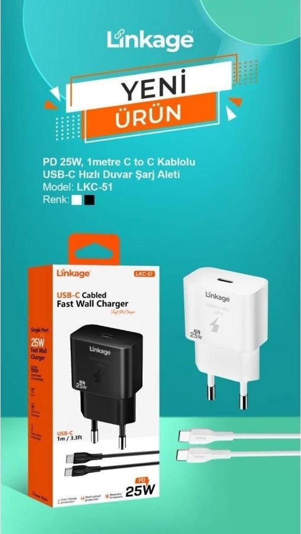 Linkage LKC-51 25W Tekli USB-C Girişli QC3.0 PD, C to C Kablolu Hızlı Duvar Şarj Aleti - Image 1
