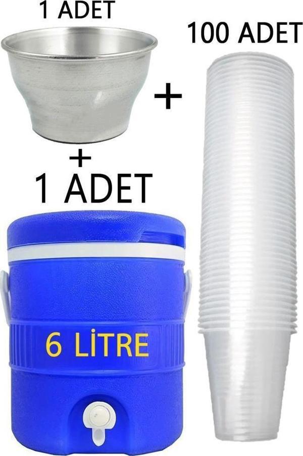 Plastik 6 Litre Mavi Musluklu Soğuk Su Termosu Buz Tası 100 Adet Pet Su Bardağı Seti - Image 1
