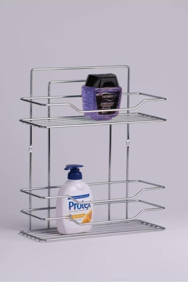 Metal 2 Katlı Krom Banyo Rafı Şampuanlık Organizer Dikdörtgen - Image 1