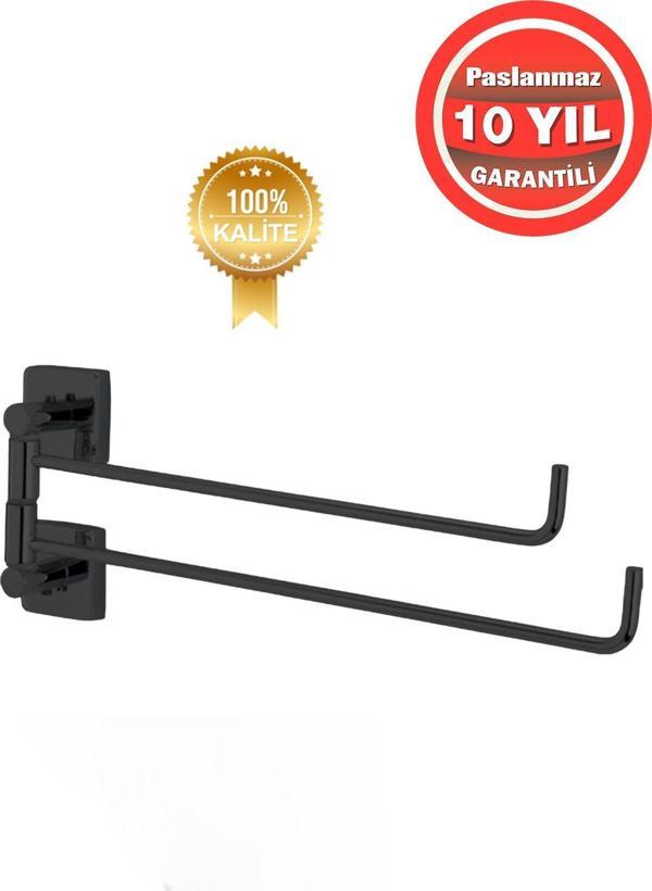 Çelik Banyo Paslanmaz Pirinç Mat Siyah Vizyon  2’Li Döner Havluluk - Image 1