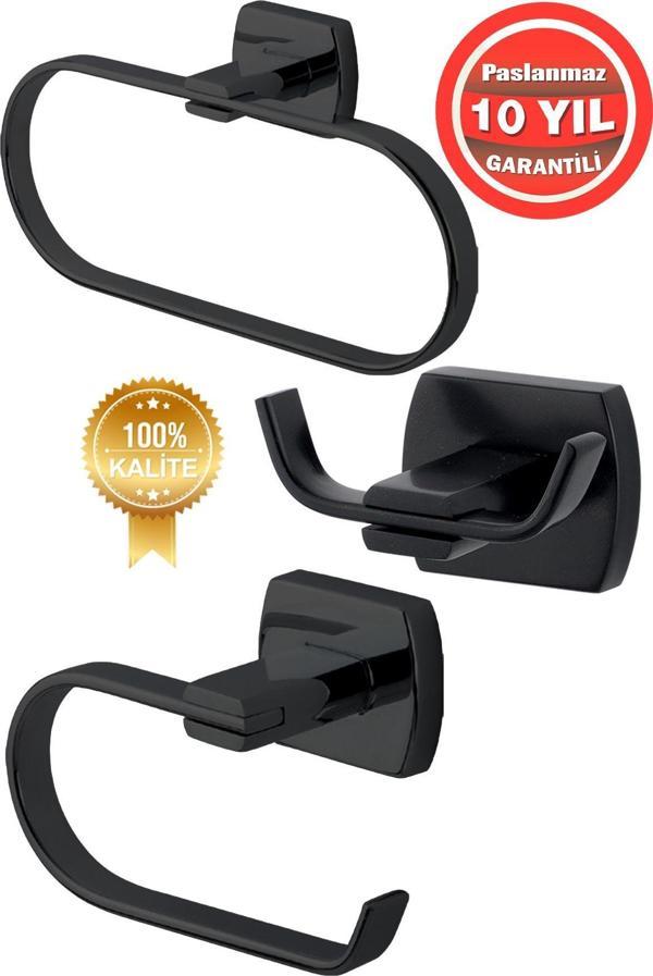 Çelik Banyo Paslanmaz Pirinç Mat Siyah Milano Banyo Aksesuar Set Havluluk-Bornozluk-Tuvalet Kağıtlık - Image 1