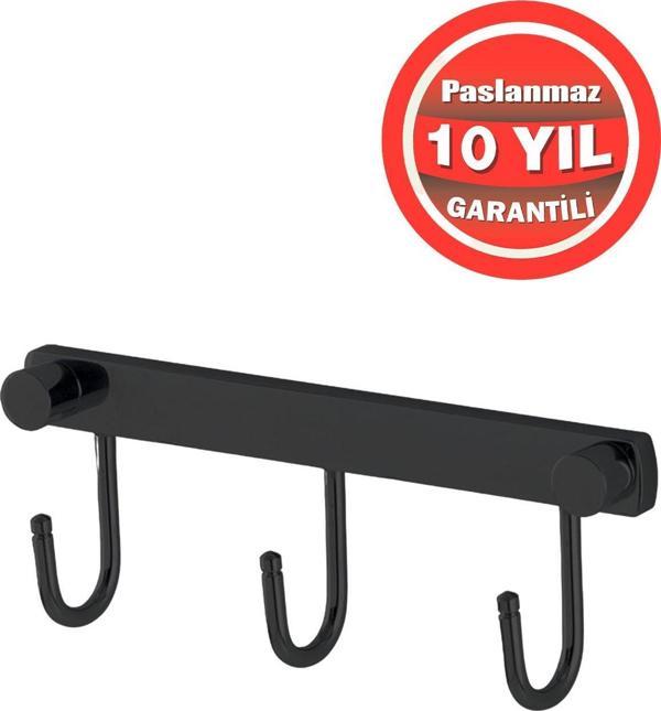 Çelik Banyo Paslanmaz Pirinç Mat Siyah Milas 3'Lü Askılık Havluluk Banyo Askısı - Image 1