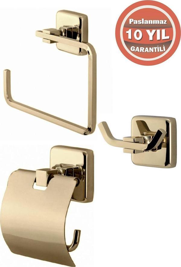 Çelik Banyo Paslanmaz Pirinç Banyo Aksesuar Set Havluluk-Bornozluk-Tuvalet Kağıtlık Altın - Image 1