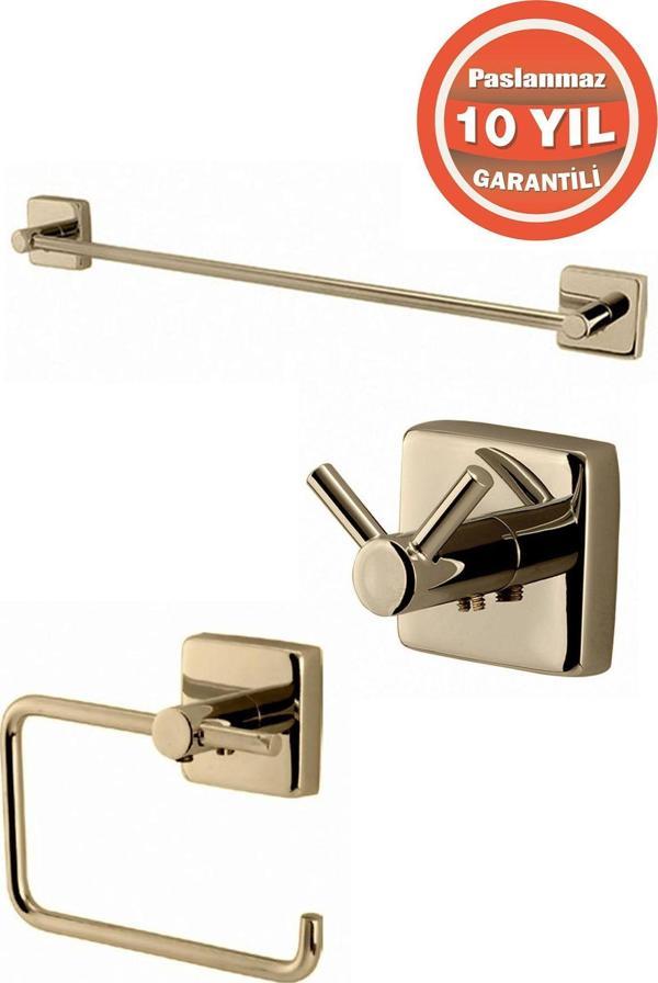 Çelik Banyo Paslanmaz Pirinç Vizyon 3'Lü Set - Havluluk-Tuvalet Kağıtlığı Askılık Altın Gold - Image 1