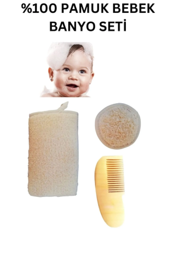 %100 Doğal Pamuk Bebek Banyo Lifi, Doğal Pamuklu Bebek Yüz Lifi, Bebek Limon Ağacı Ahşap Tarak Set - Image 1