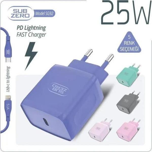 Subzero Sg92 25w Pd Girişili Ligtning Fast Şarj Aleti Mor,pembe,yeşil Renkler - Image 1