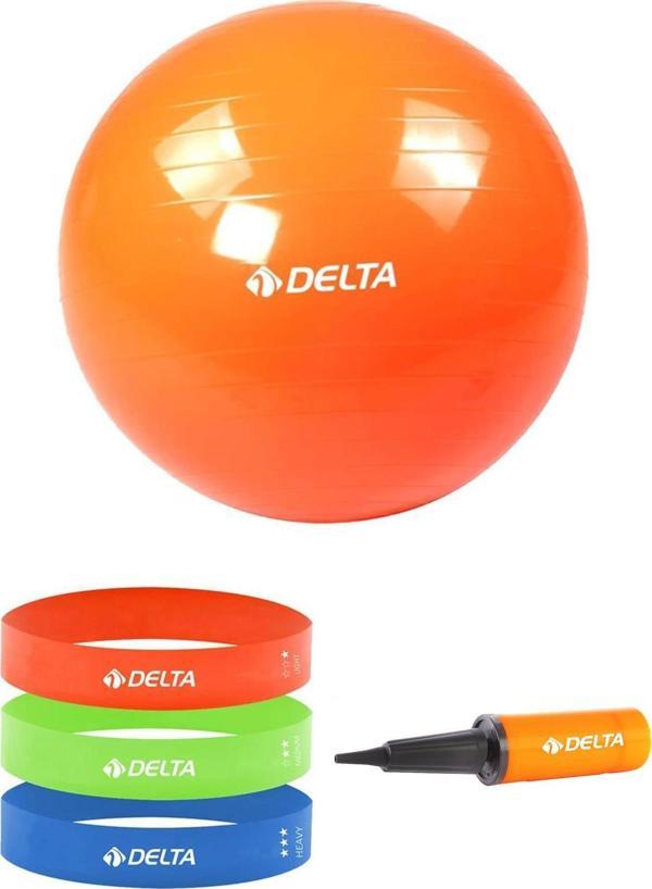 Delta 75 cm Pilates Topu 3'lü Squat Bandı Egzersiz Direnç Lastiği Pilates Topu Pompası 5'li Set - Image 1