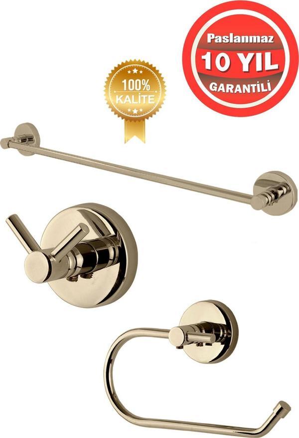 Çelik Banyo Paslanmaz Pirinç Dilek Banyo Aksesuar Set Havluluk-Askılık-Tuvalet Kağıtlık Altın Gold - Image 1