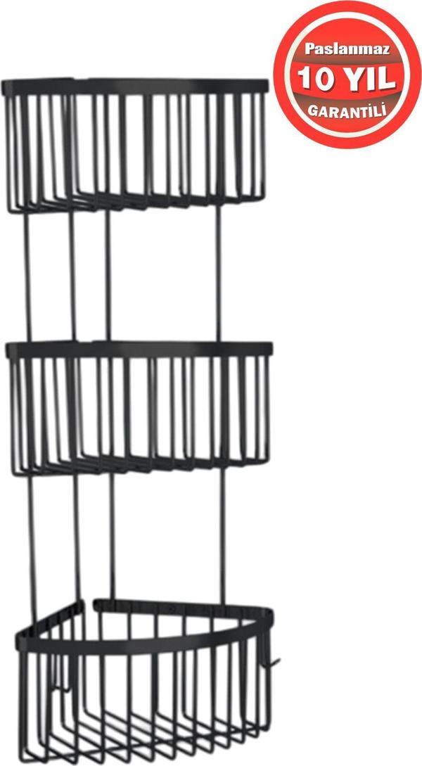 Çelik Banyo Derin Şampuanlık Paslanmaz Pirinç Mat Siyah 3'Lü 19X19 Cm Şampuanlık Banyo Rafı - Image 1