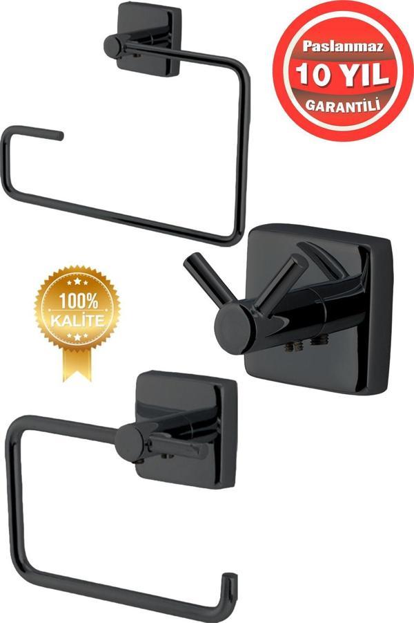 Çelik Banyo Paslanmaz Pirinç Mat Siyah Vizyon 3'Lü Set - Havluluk-Tuvalet Kağıtlığı-Askılık - Image 1