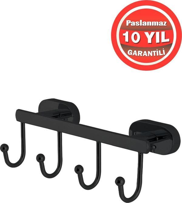 Çelik Banyo Paslanmaz Pirinç Mat Siyah Zirve 4'Lü Askılık Havlu Askısı - Image 1