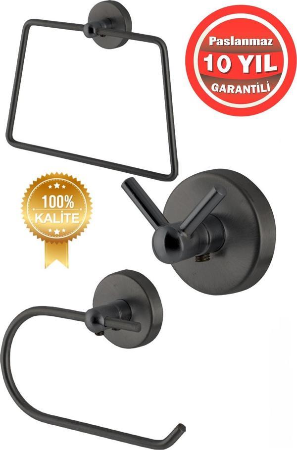 Çelik Banyo Paslanmaz Çelik Mat Siyah 3'Lü Set -Kare Havluluk-Tuvalet Kağıtlığı Askılık - Image 1