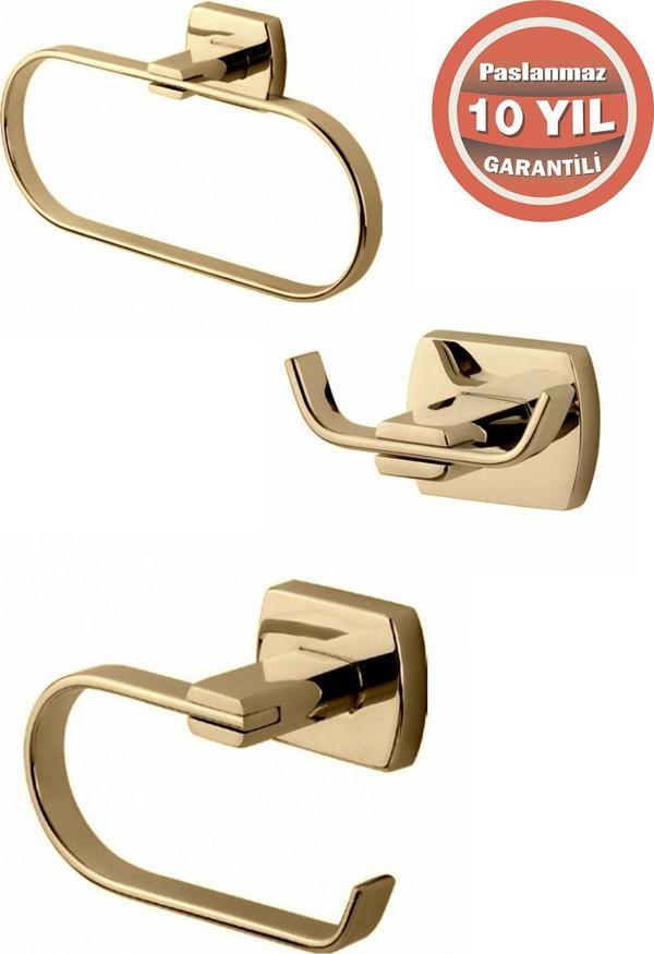 Çelik Banyo Paslanmaz Pirinç Milano Banyo Aksesuar Set Havluluk-Bornozluk-Tuvalet Kağıtlık Altın Gold - Image 1