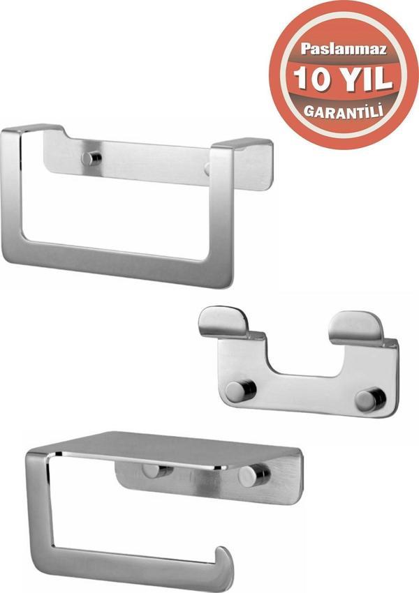 Çelik Banyo Paslanmaz Çelik Paris 3'Lü Set -Banyo Aksesuar Havluluk-Tuvalet Kağıtlığı-Askılık - Image 1