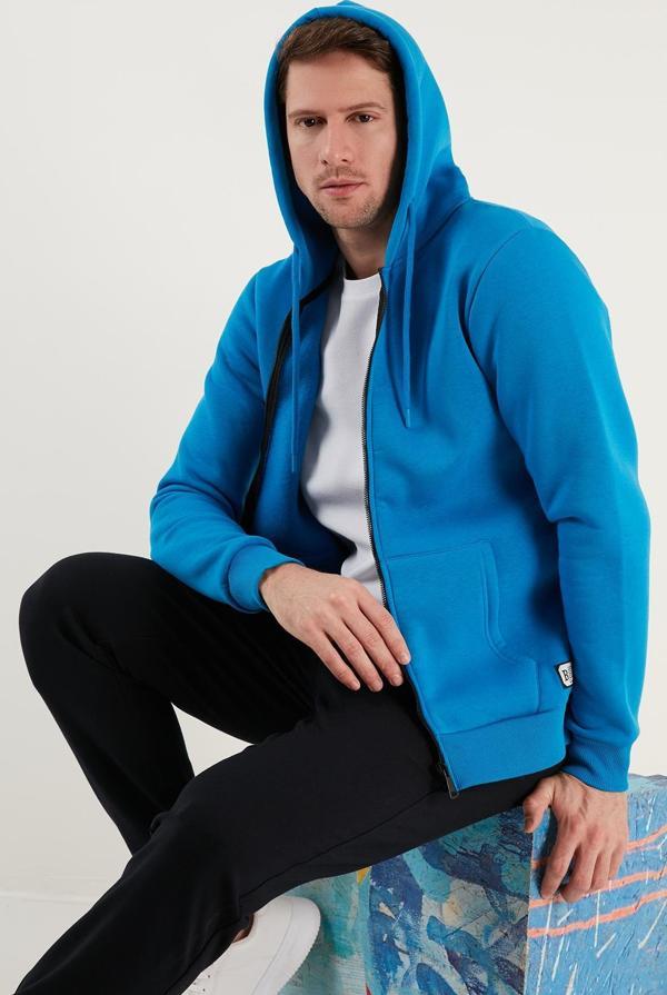 Buratti Slim Fit Kapüşonlu Fermuarlı İçi Tüylü Yumuşak Şardonlu Kışlık Erkek Sweat 5905340 Deniz Mavi - Image 1