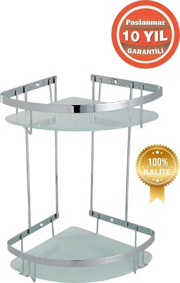 Çelik Banyo Paslanmaz Çelik Zerrin Camlı 2’Li 19X19 Cm Şampuanlık Banyo Rafı Süngerlik - Image 1