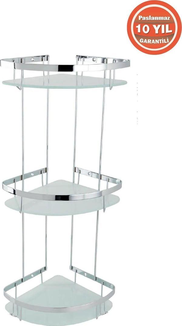 Çelik Banyo Paslanmaz Çelik Zerrin Camlı 3’Lü 19X19 Cm Şampuanlık Köşe Süngerlik - Image 1