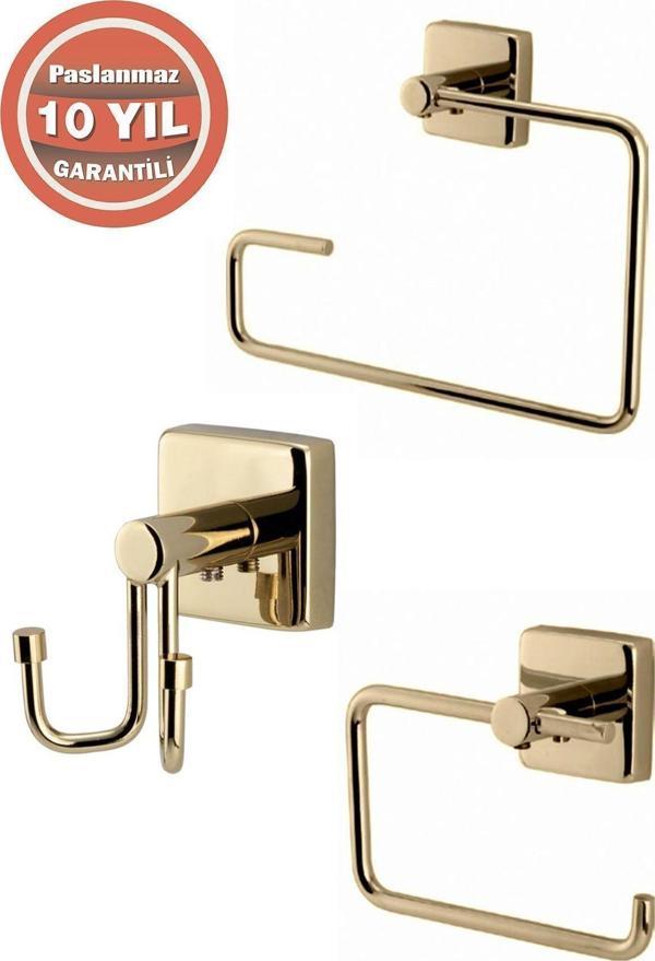 Çelik Banyo Paslanmaz Pirinç Vizyon 3'Lü Set - Havluluk-Tuvalet Kağıtlığı-Askılık Altın Gold - Image 1