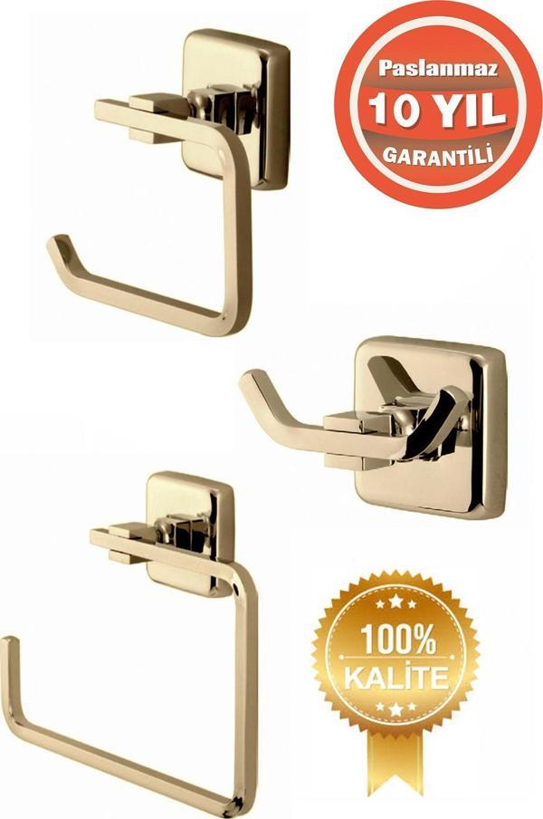 Çelik Banyo Paslanmaz Pirinç Banyo Aksesuar Set Havluluk-Bornozluk-Tuvalet Kağıtlık Altın - Image 1