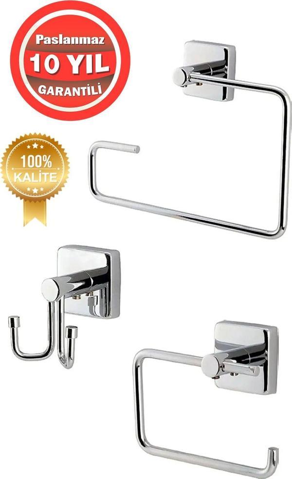 Çelik Banyo Paslanmaz Pirinç Wc 3 ' Lü Set-Banyo Aksesuar Vizyon - Havluluk-Tuvalet Kağıtlık-Askılık - Image 1