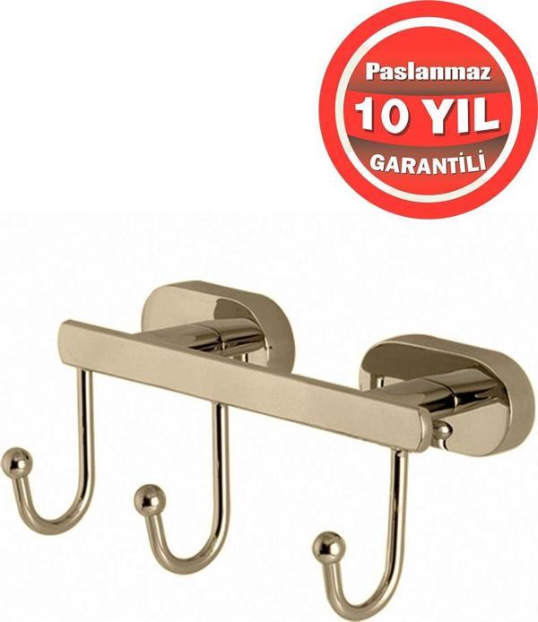 Çelik Banyo Paslanmaz Pirinç Zirve 3'Lü Askılık Havlu Askısı Altın Gold - Image 1