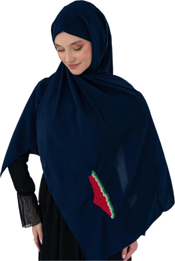 Polyster Lacivert Rengi Şal Filistin Haritası Karpuz Renkler İle Nakışlı S100041 - Image 1