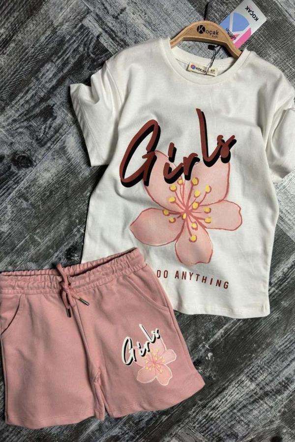 Kız Çocuk Çiçek Ve Girl Yazı Baskılı Penye T-Shirt Pudra Şortlu Takım - Image 1