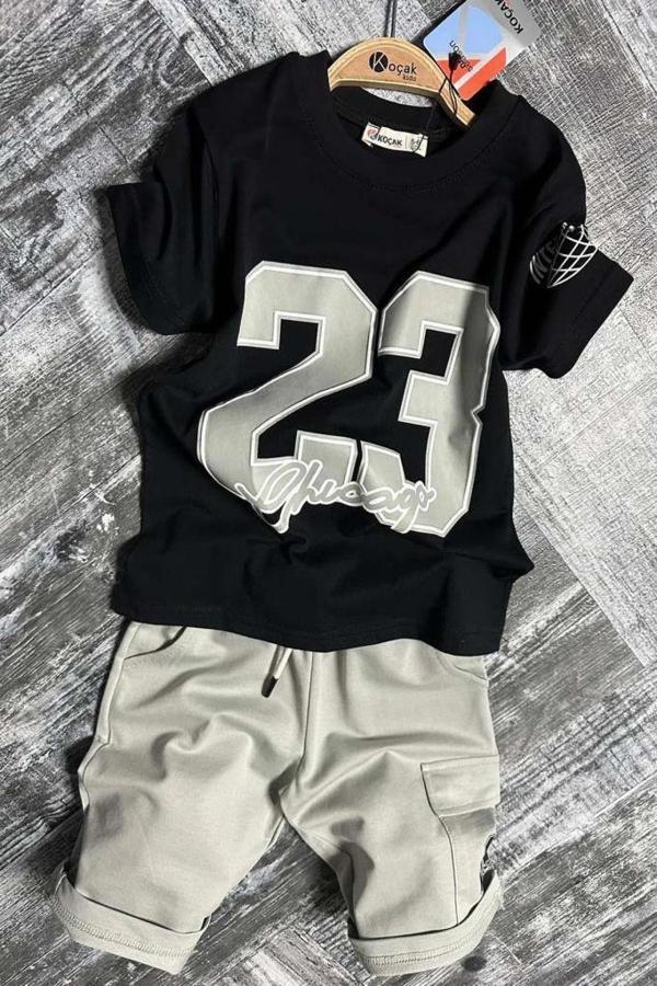 Erkek Çocuk Üzeri Sayı Baskılı Penye T-Shirt Kargo Cepli Şortlu Takım - Image 1