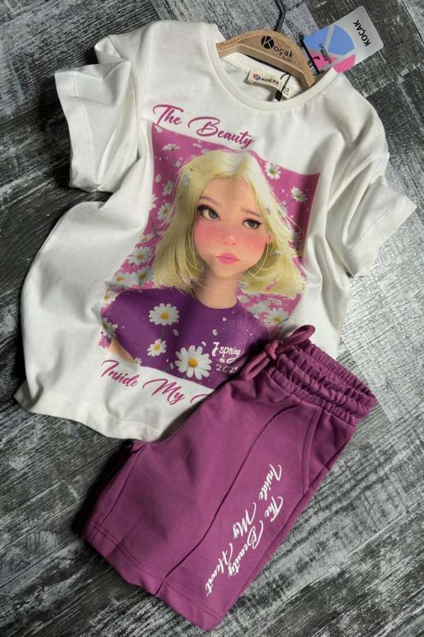 Kız Çocuk Papatya Ve The Beauty Yazı Baskılı Penye T-Shirt Mor Şortlu Takım - Image 1