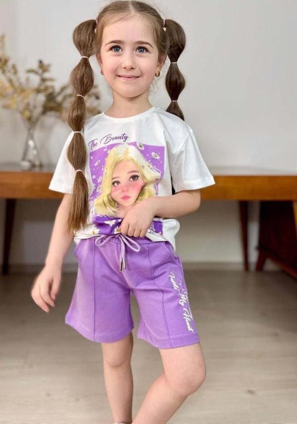 Kız Çocuk Papatya Ve The Beauty Yazı Baskılı Penye T-Shirt Lila Şortlu Takım - Image 1