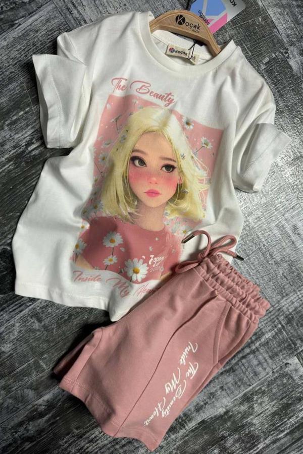 Kız Çocuk Papatya Ve The Beauty Yazı Baskılı Penye T-Shirt Pudra Şortlu Takım - Image 1
