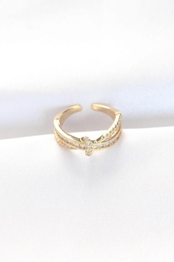 Kıvrım Model Gold Renk Zirkon Taşlı Ayarlanabilir Yüzük - Image 1