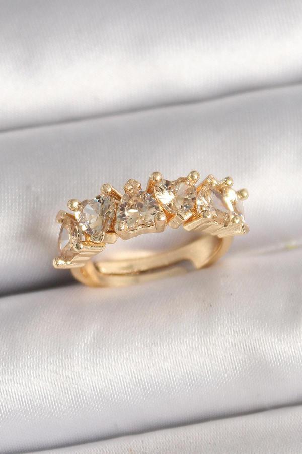 Pirinç Gold Renk Zirkon Taşlı Kalp Model Ayarlanbilir Kadın Yüzük - Image 1