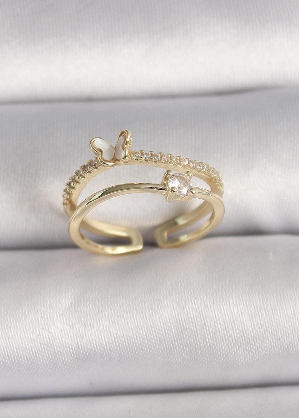 Pirinç Gold Renk Zirkon Taş Detaylı Kelebek Figür Ayarlanabilir Yüzük - Image 1