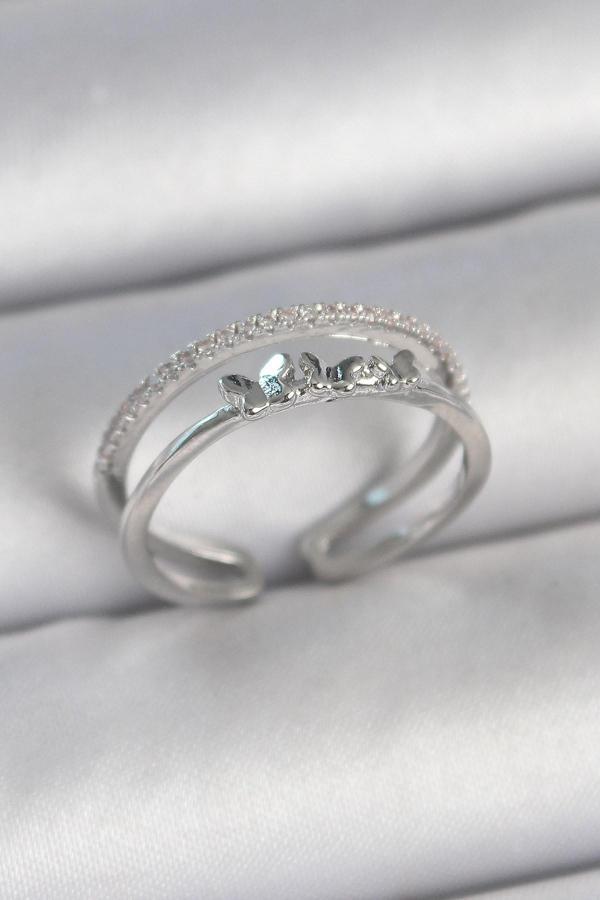 Pirinç Gümüş Renk 2'Li Zirkon Taş Detaylı Kelebek Figür Ayarlanabilir Model Kadın Yüzük - Image 1