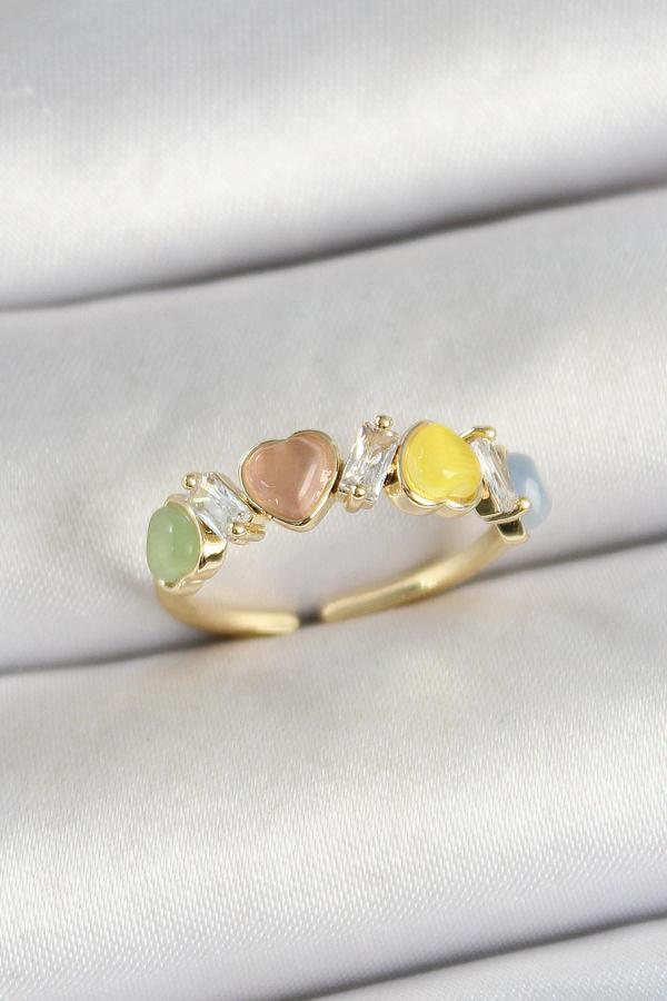 Pirinç Sıralı Kalp Figürlü Zirkon Taşlı Gold Renk Ayarlanabilir Kadın Yüzük - Image 1