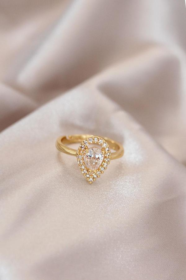 Ayarlamalı Gold Renk Metal Zirkon Taşlı Damla Model Yüzük - Image 1