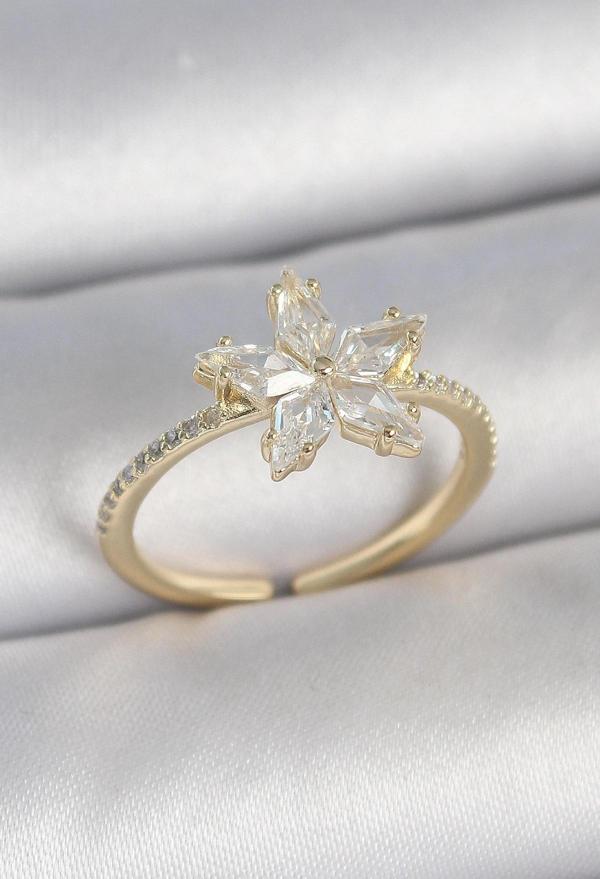 Pirinç Gold Renk Zirkon Taşlı Yıldız Model Ayarlanabilir Kadın Yüzük - Image 1