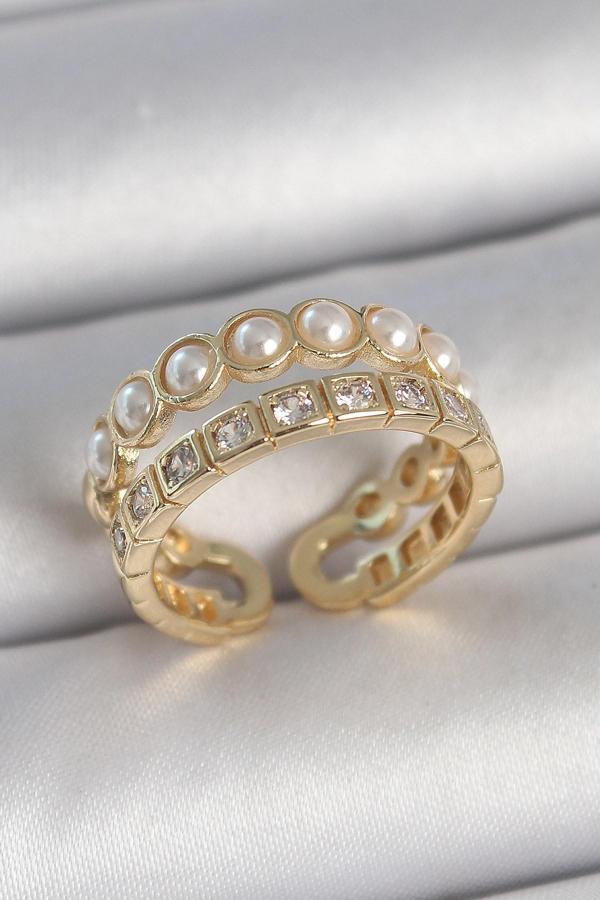 Pirinç Gold Renk 2'Li Zirkon Taşlı Ve İncili Ayarlanabilir Kadın Yüzük - Image 1