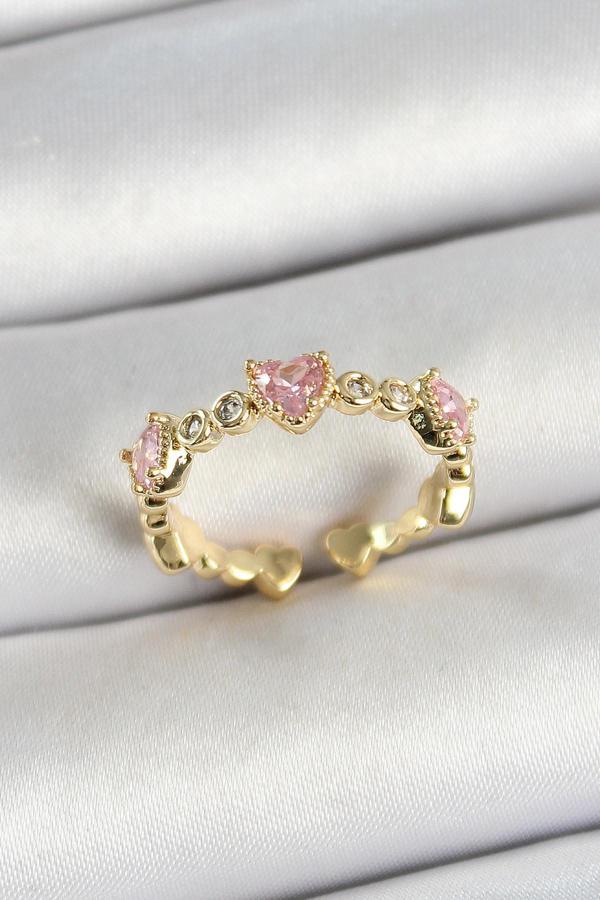 Pirinç Sıralı Kalp Figürlü Zirkon Taşlı Gold Renk Ayarlanabilir Kadın Yüzük - Image 1