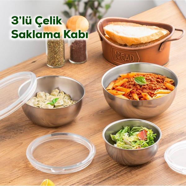 3 Adet Şeffaf Sızdırmaz Kapaklı Paslanmaz Çelik Saklama Kabı Seti - Image 1