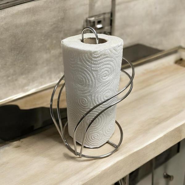 Gümüş Renkli Metal Kağıt Havluluk - Tezgah Üstü - Mutfak/Banyo - Spiral Tasarım - Image 1