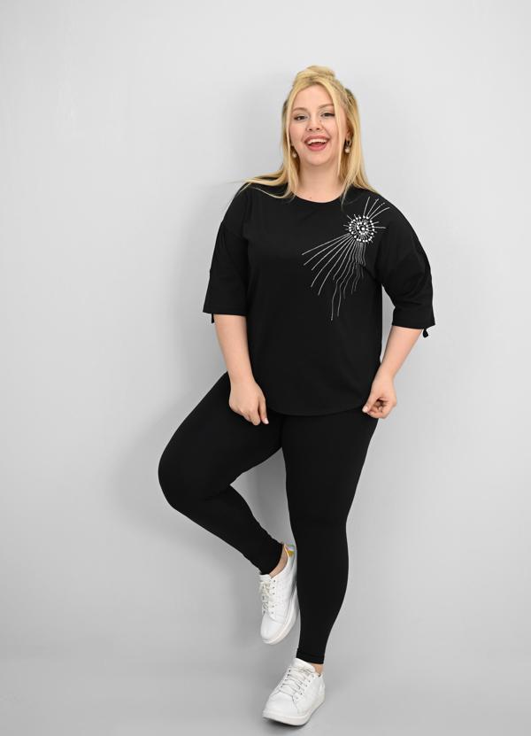 Kadın Büyük Beden Kısa Kollu Taş ve İnci Baskı Detaylı Oversize T-shirt 1925-25 - Image 1