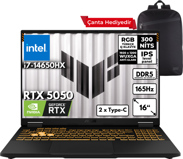 ASUS TUF Gaming F16 i7-14650HX 64-GBDDR5 4 TBSSD RTX5050 (8GB-GDDR7-115W) 16" WUXGA 165Hz Windows 11 Pro + Sırt Çantası FX608JHR-RV048HMF23 - Image 1